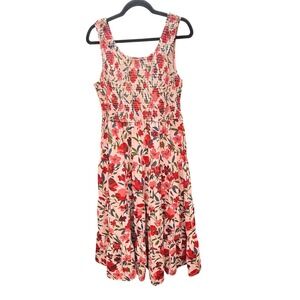 NWT PrettyGarden Floral Tiered Midi Sun Dress Smocked L Pink Red Sleeveless Boho
